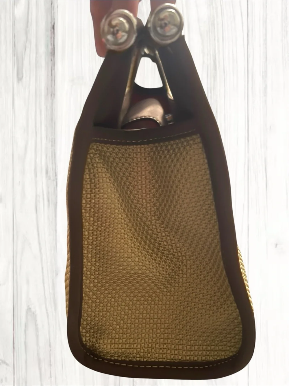 The Sak Vintage Y2K Woven Tan & Brown Handbag Metal Bar Handles NWOT